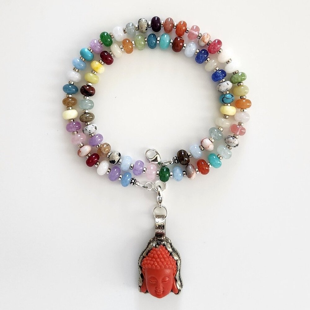 MIXED JELLYBEAN COLORED GEMSTONES W/ BUDDHA PENDANT--20"